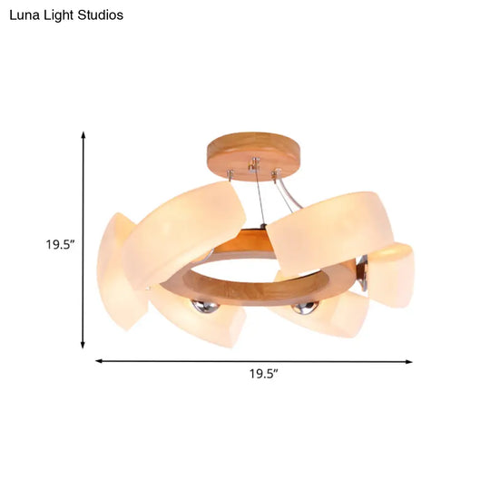 Japanese Wood Curved Chandelier Pendant Light - 6 Lights White Glass Ring Ceiling Lamp