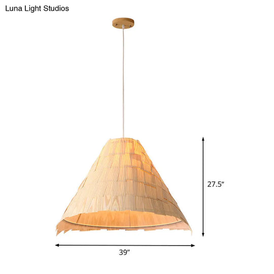 Japanese Wood Flare Pendant Ceiling Lamp - Wide 1 Head Suspension In Beige