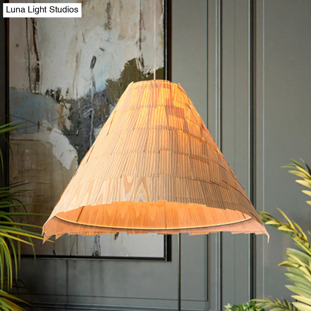 Japanese Wood Flare Pendant Ceiling Lamp - Wide 1 Head Suspension In Beige