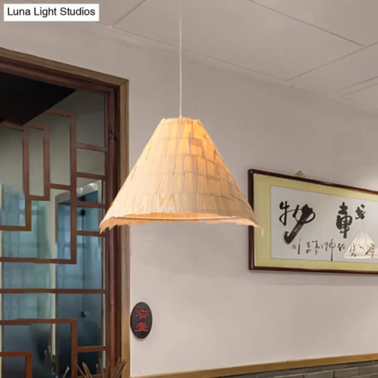 Japanese Wood Flare Pendant Ceiling Lamp - Wide 1 Head Suspension In Beige