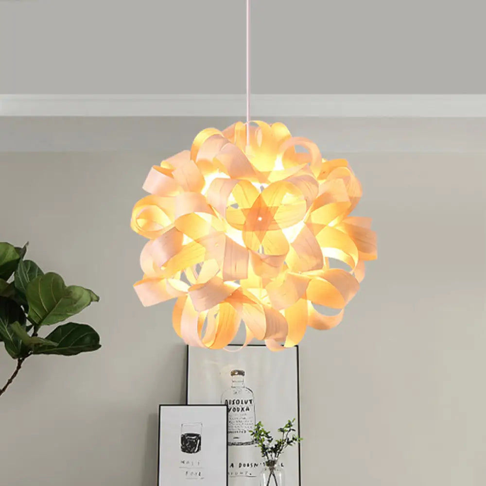 Japanese Wood Floral Pendant Light - Beige Suspended Lighting For Dining Room