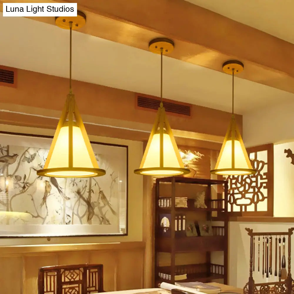 Japanese Wood Pendant Lamp - Horn Shaped Cage With Single Bulb And Beige Shade