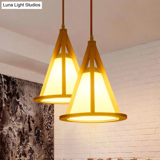 Japanese Wood Pendant Lamp - Horn Shaped Cage With Single Bulb And Beige Shade