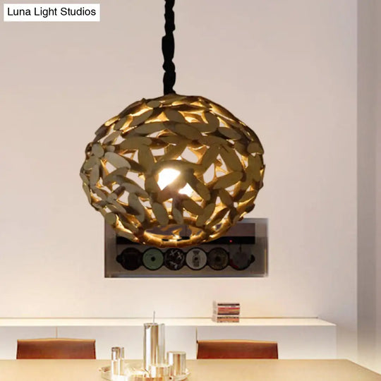 Japanese Wood Pendant Lamp - Single Head Sphere Brown Hanging Light For Bedroom