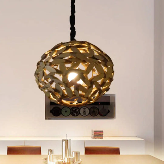 Japanese Wood Pendant Lamp - Single Head Sphere Brown Hanging Light For Bedroom