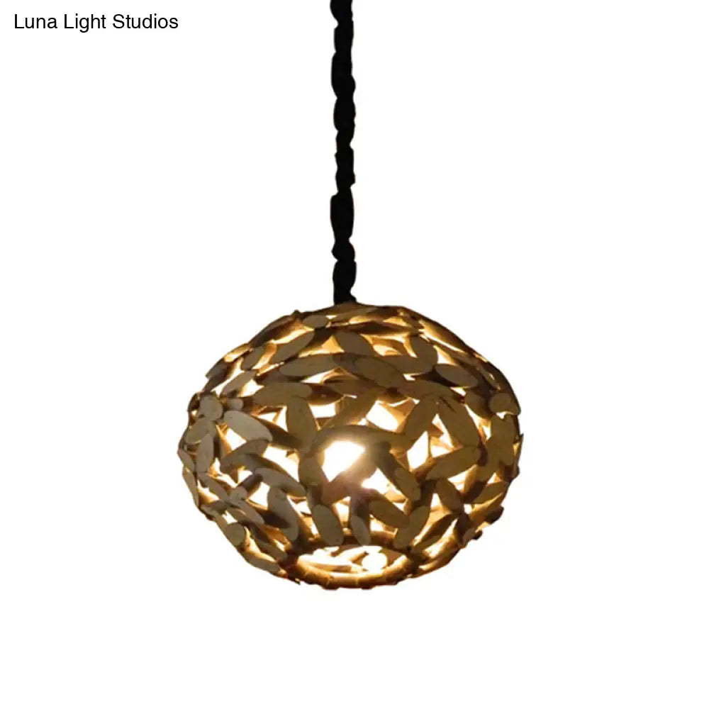 Japanese Wood Pendant Lamp - Single Head Sphere Brown Hanging Light For Bedroom