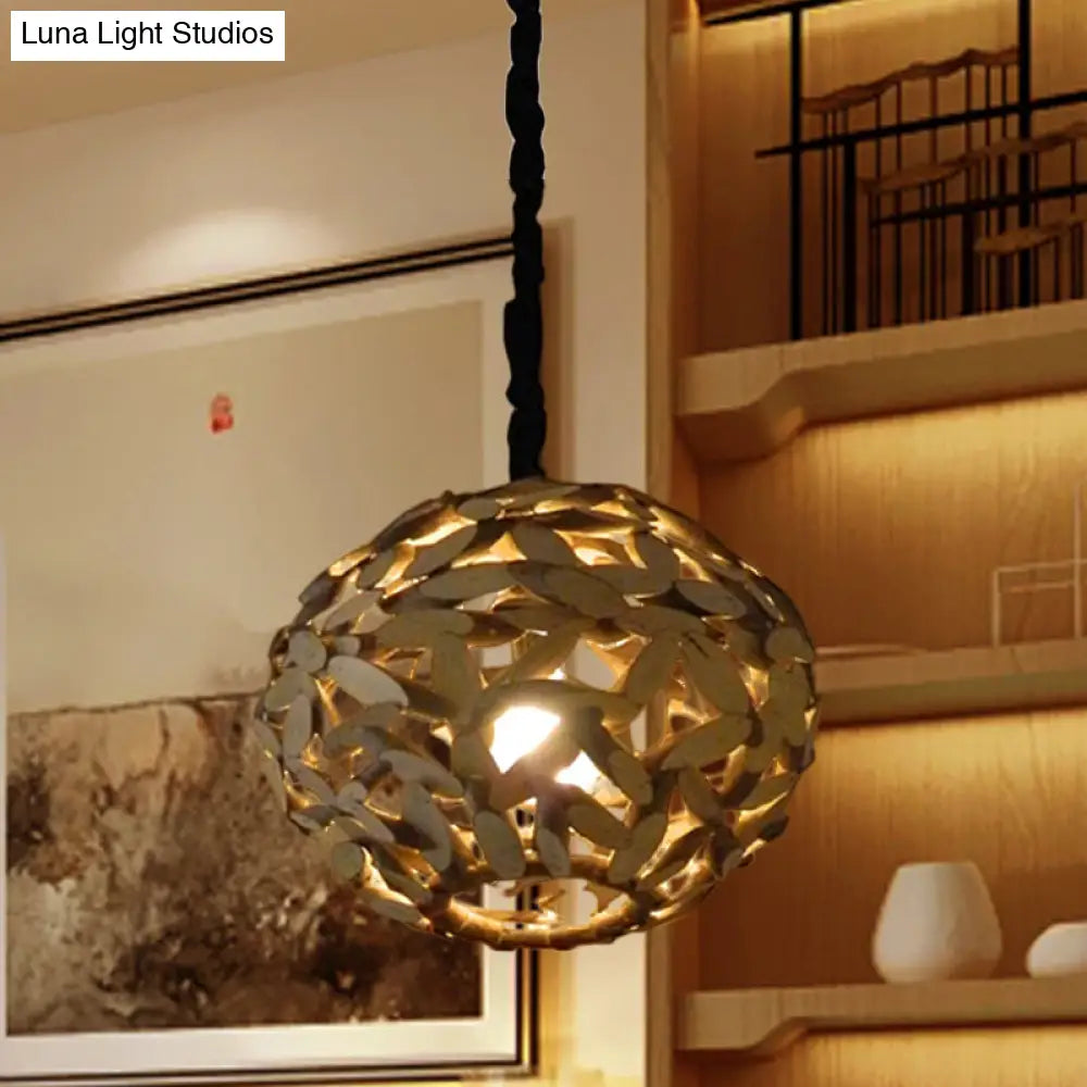 Japanese Wood Pendant Lamp - Single Head Sphere Brown Hanging Light For Bedroom