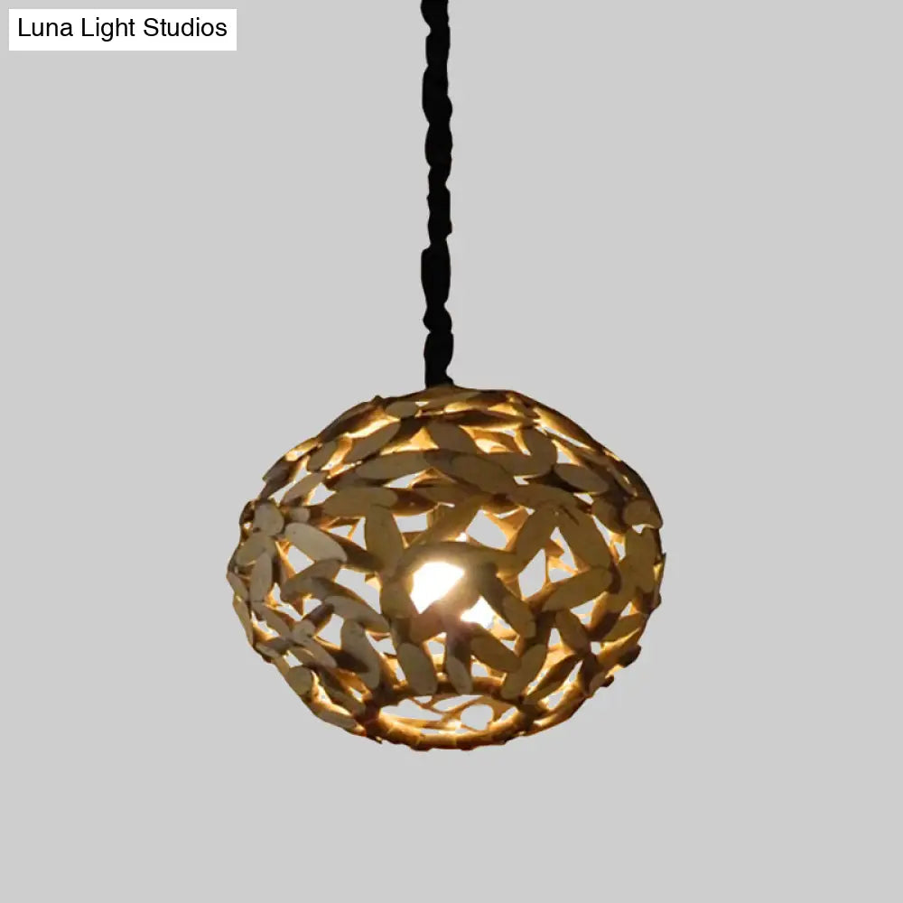 Japanese Wood Pendant Lamp - Single Head Sphere Brown Hanging Light For Bedroom