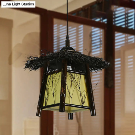 Japanese Wood Pendant Lighting: Hand-Worked 1 Head Ceiling Lamp Black