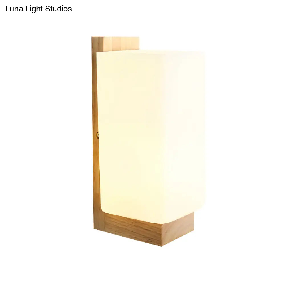 Japanese Wood Sconce Light Fixture With Rectangular Milk Glass Shade - 1 Head Stairway Wall Lamp