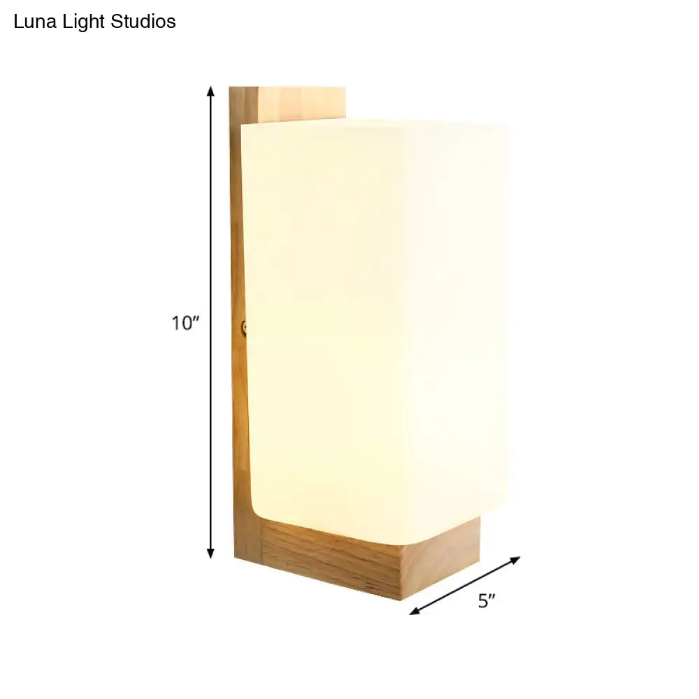 Japanese Wood Sconce Light Fixture With Rectangular Milk Glass Shade - 1 Head Stairway Wall Lamp