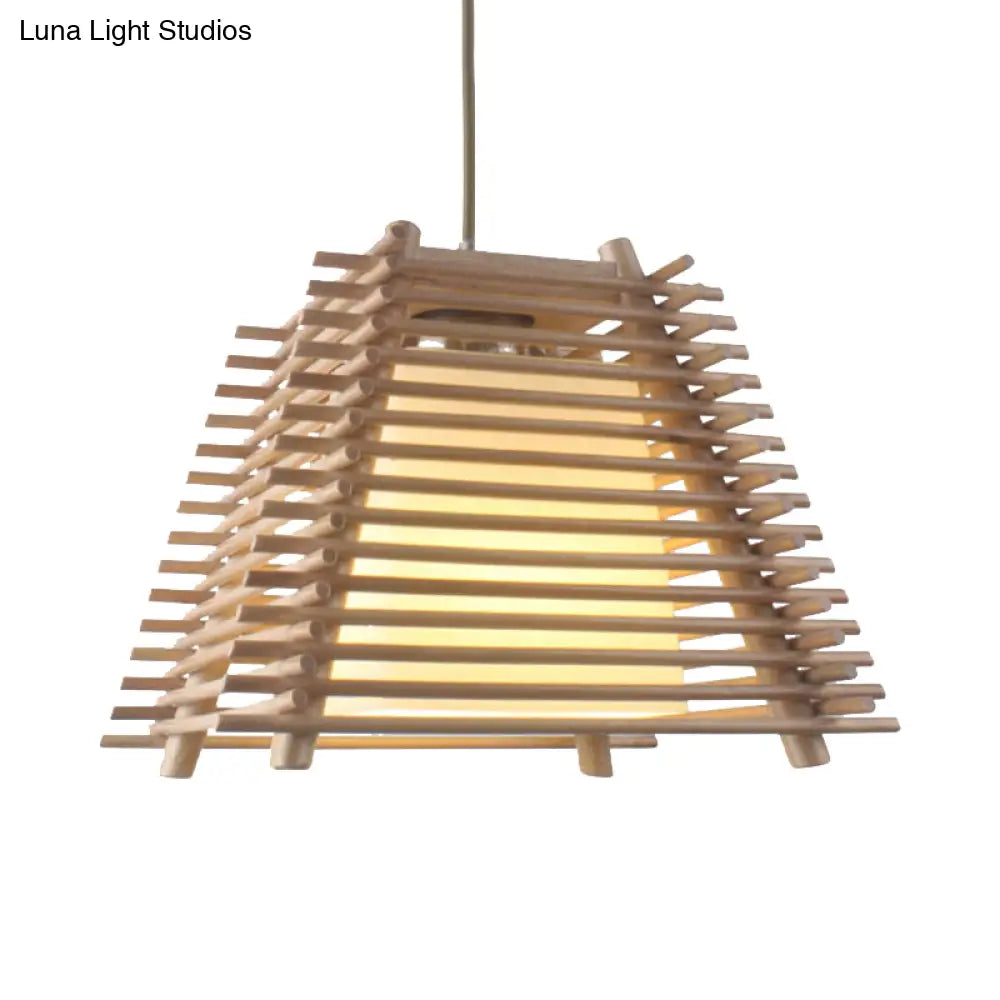 Japanese Wood Trapezoid Pendant Light With White Glass Shade - 1-Light Wooden Hanging Fixture For