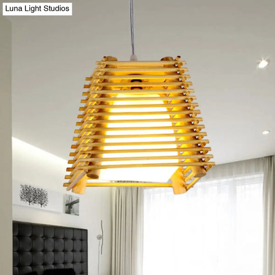 Japanese Wood Trapezoid Suspension Pendant With 1-Light White Glass Shade For Bedroom