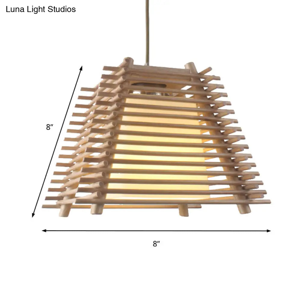 Japanese Wood Trapezoid Suspension Pendant With 1-Light White Glass Shade For Bedroom