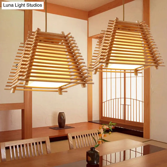 Japanese Wood Trapezoid Suspension Pendant With 1-Light White Glass Shade For Bedroom