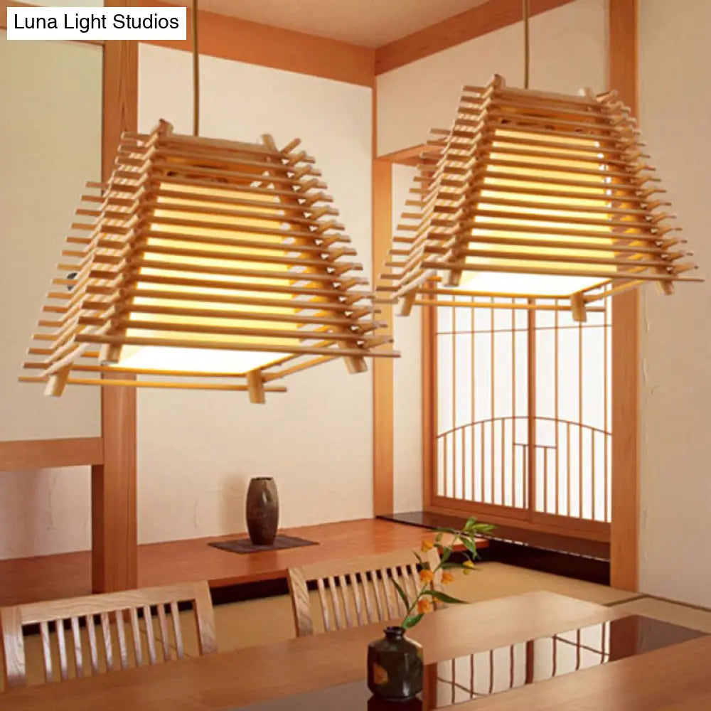 Japanese Wood Trapezoid Pendant Light With White Glass Shade - 1-Light Wooden Hanging Fixture For