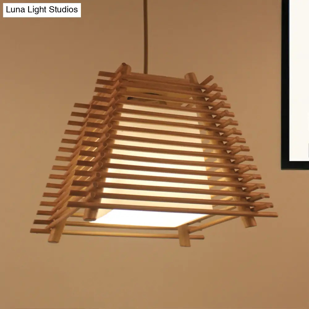 Japanese Wood Trapezoid Pendant Light With White Glass Shade - 1-Light Wooden Hanging Fixture For