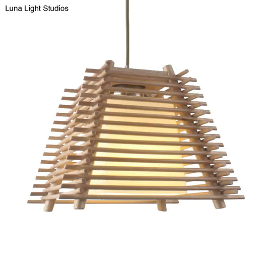 Japanese Wood Trapezoid Suspension Pendant With 1-Light White Glass Shade For Bedroom