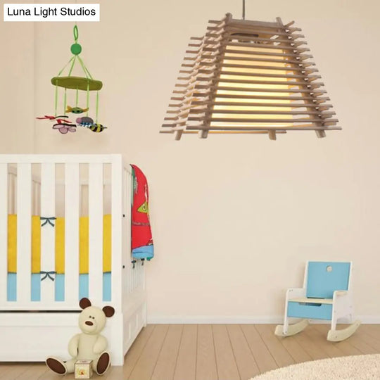 Japanese Wood Trapezoid Suspension Pendant With 1-Light White Glass Shade For Bedroom