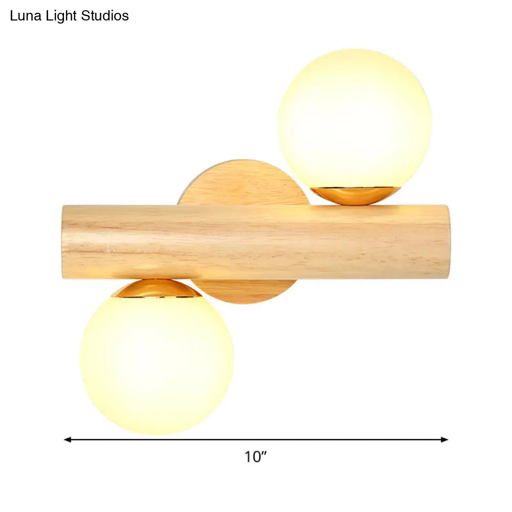 Japanese Wood Tube Wall Lamp- Beige Sconce Light Fixture With Milk Glass Shades (2 Heads)