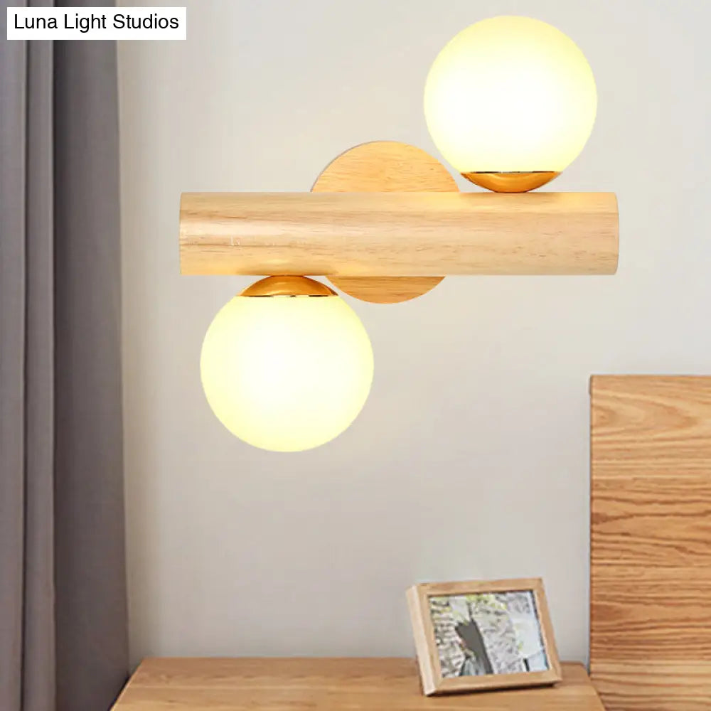 Japanese Wood Tube Wall Lamp- Beige Sconce Light Fixture With Milk Glass Shades (2 Heads)