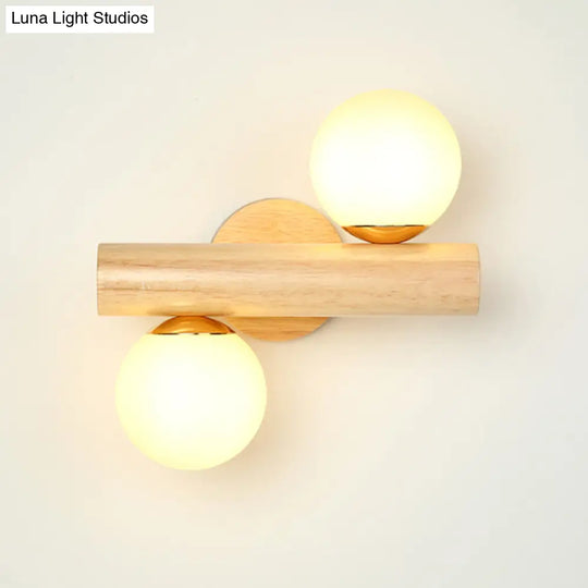 Japanese Wood Tube Wall Lamp- Beige Sconce Light Fixture With Milk Glass Shades (2 Heads)