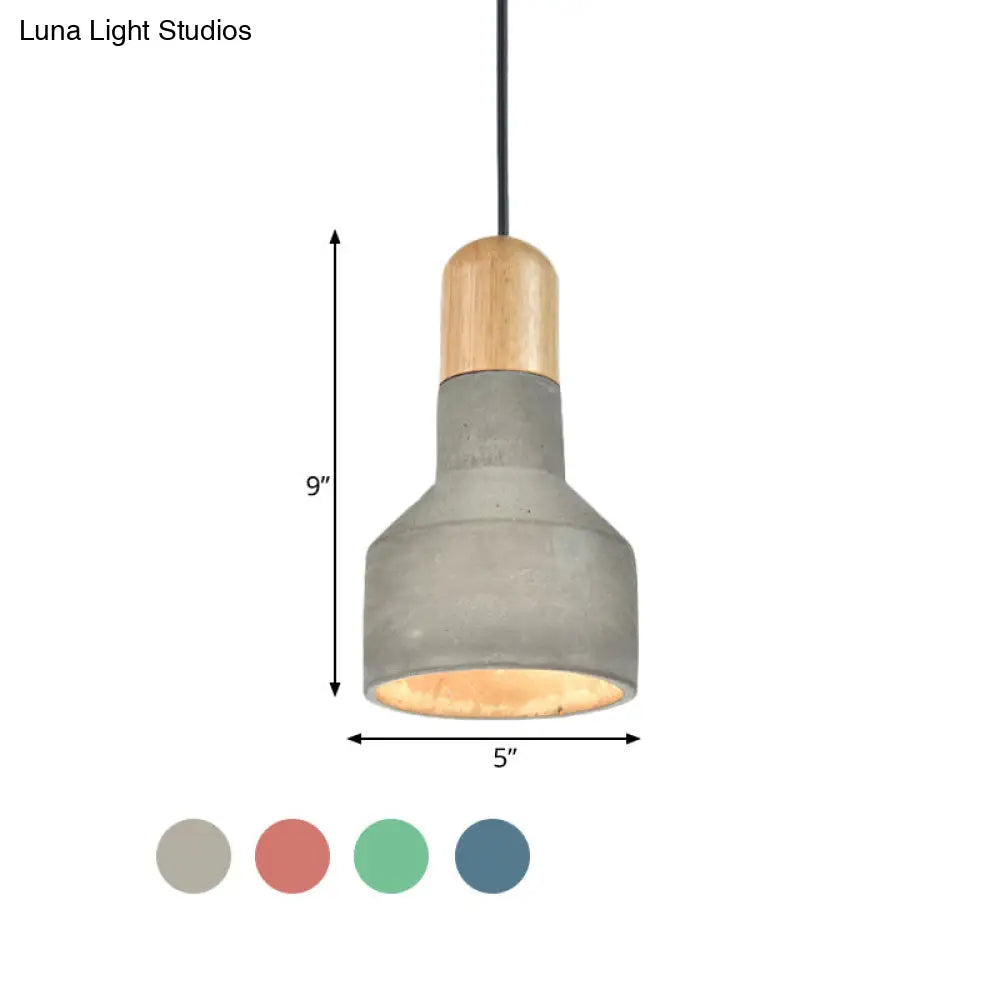 Jar Pendant Light Kit: Industrial Grey/Red/Blue Cement Hanging Lamp With Wood Top - 1-Bulb