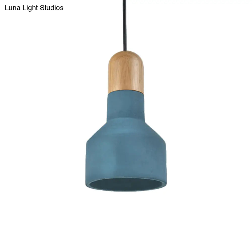 Jar Pendant Light Kit: Industrial Grey/Red/Blue Cement Hanging Lamp With Wood Top - 1-Bulb