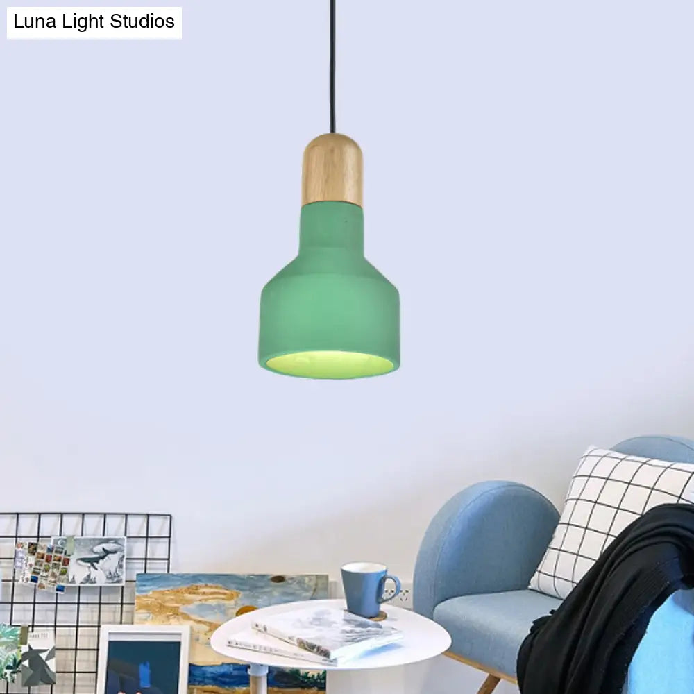 Jar Pendant Light Kit: Industrial Grey/Red/Blue Cement Hanging Lamp With Wood Top - 1-Bulb