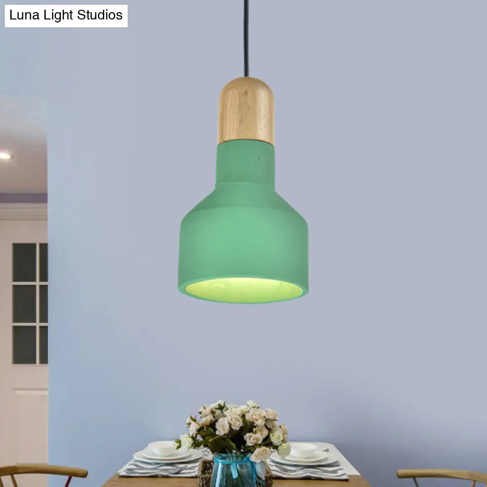 Industrial Grey/Red/Blue Cement Hanging Ceiling Lamp With Jar-Shaped Pendant And Wood Top Green