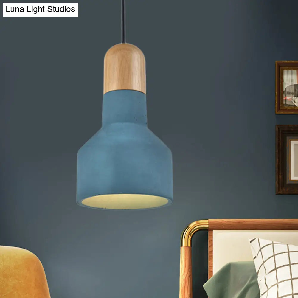 Industrial Grey/Red/Blue Cement Hanging Ceiling Lamp With Jar-Shaped Pendant And Wood Top Blue