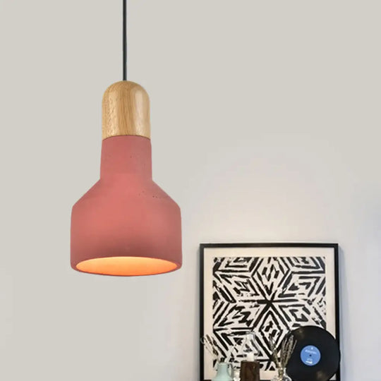 Jar Pendant Light Kit: Industrial Grey/Red/Blue Cement Hanging Lamp With Wood Top - 1-Bulb Red