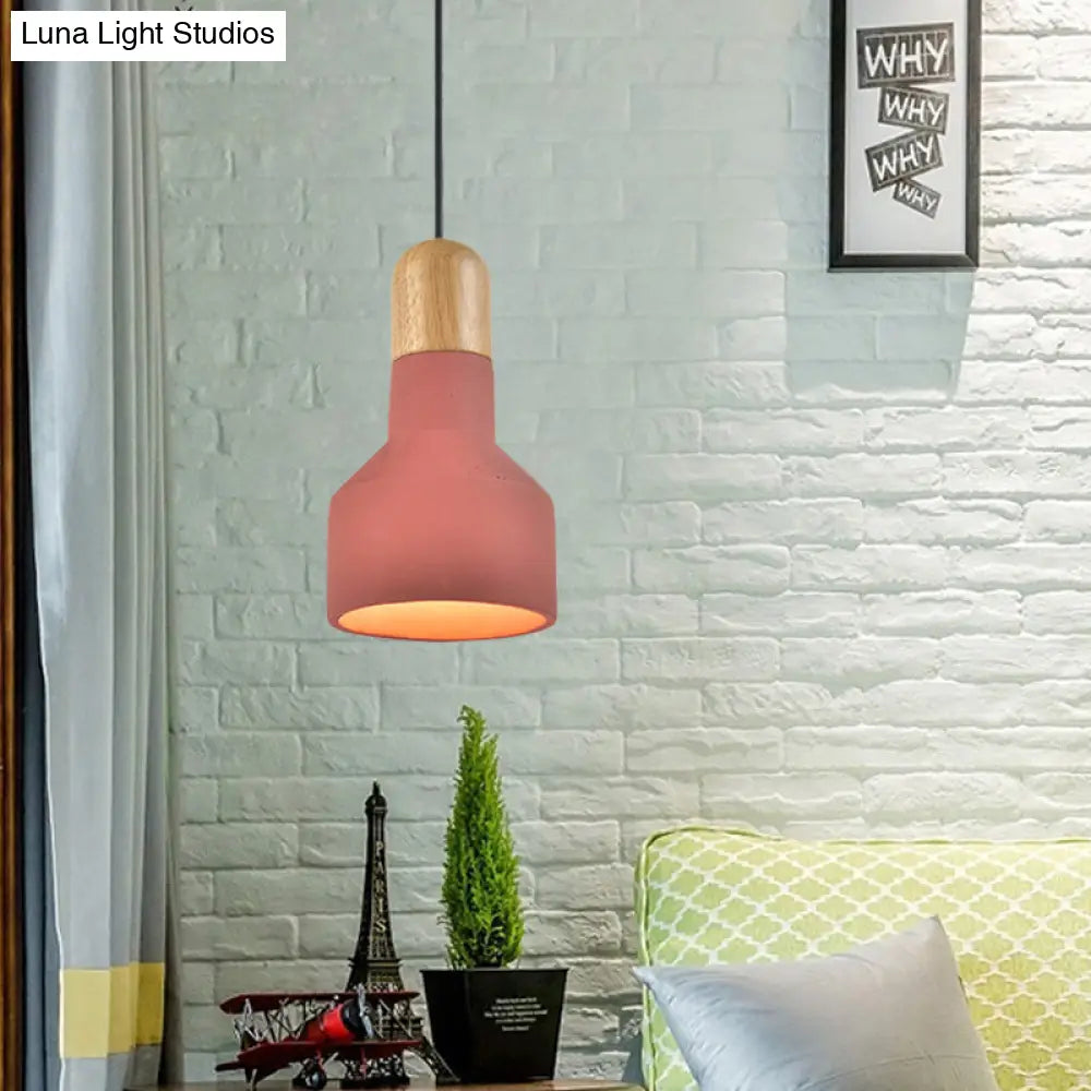 Industrial Grey/Red/Blue Cement Hanging Ceiling Lamp With Jar-Shaped Pendant And Wood Top