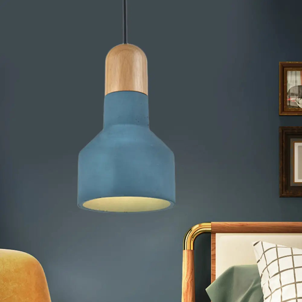 Jar Pendant Light Kit: Industrial Grey/Red/Blue Cement Hanging Lamp With Wood Top - 1-Bulb Blue