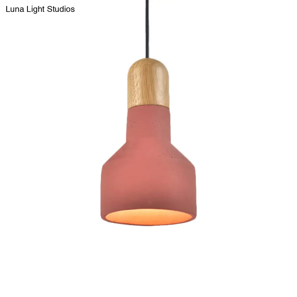 Jar Pendant Light Kit: Industrial Grey/Red/Blue Cement Hanging Lamp With Wood Top - 1-Bulb