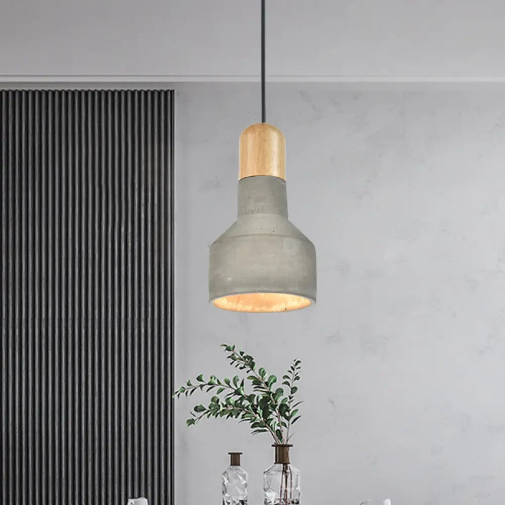 Jar Pendant Light Kit: Industrial Grey/Red/Blue Cement Hanging Lamp With Wood Top - 1-Bulb Grey