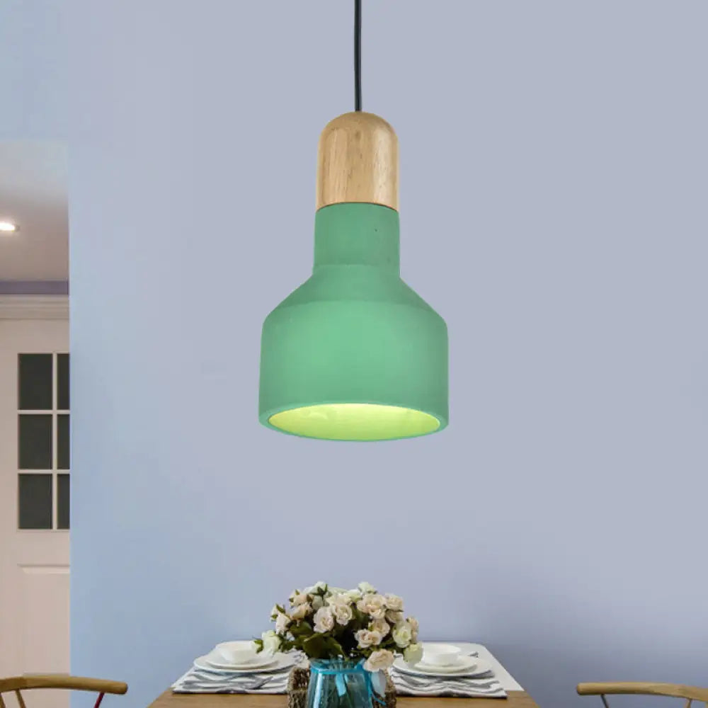 Jar Pendant Light Kit: Industrial Grey/Red/Blue Cement Hanging Lamp With Wood Top - 1-Bulb Green