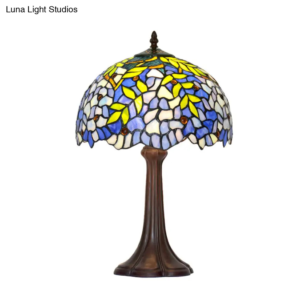 Mediterranean Leaf Pattern Table Lamp Stained Glass Nightstand Light In Bronze