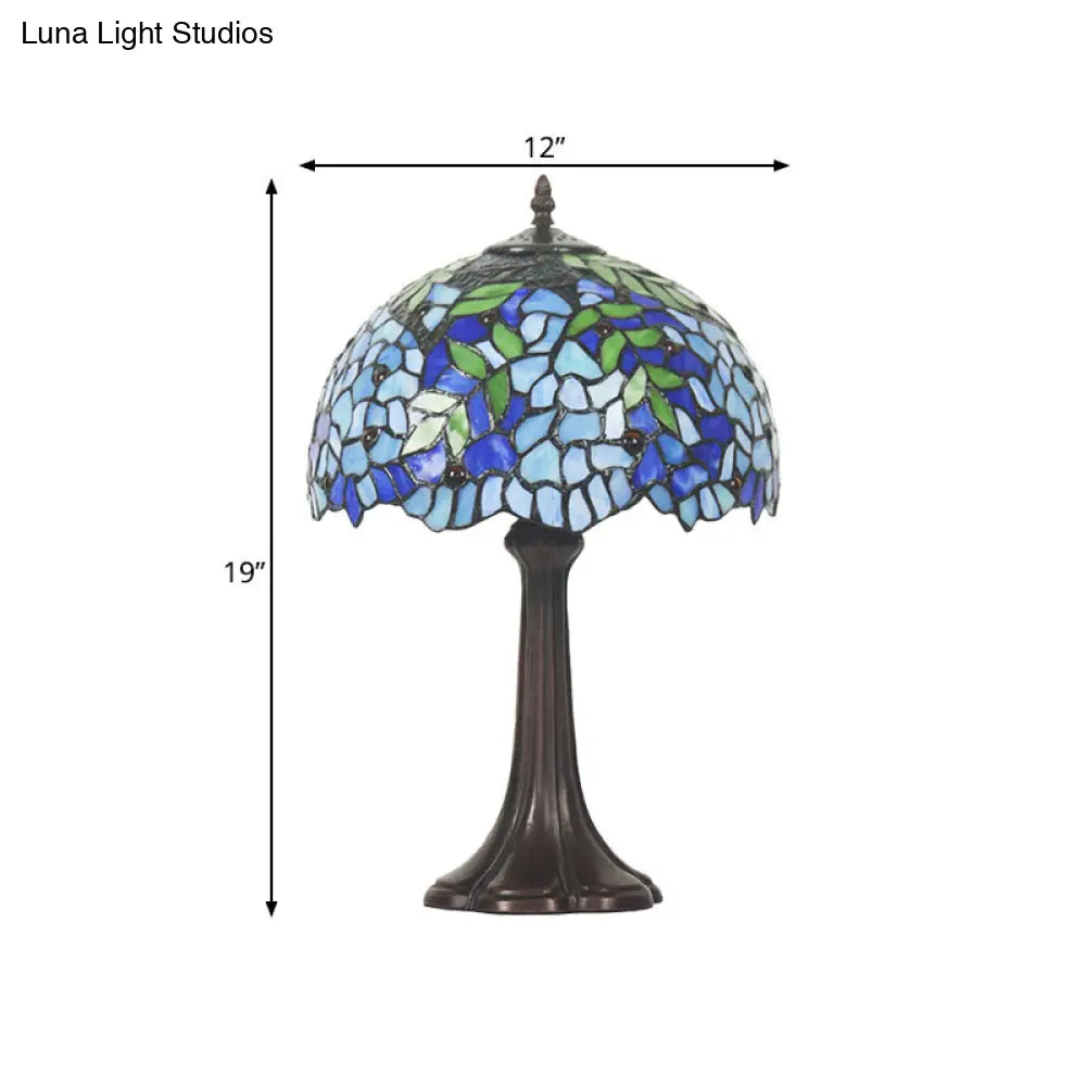 Mediterranean Leaf Pattern Table Lamp Stained Glass Nightstand Light In Bronze