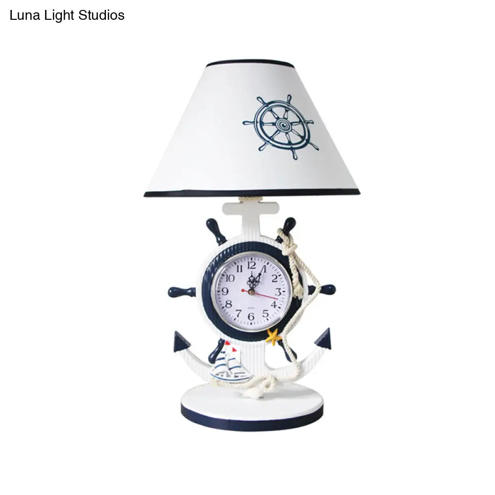 Children Style Clock Design Night Stand Lamp - Blue Shaded Single Bulb Resin Table Light With Rudder