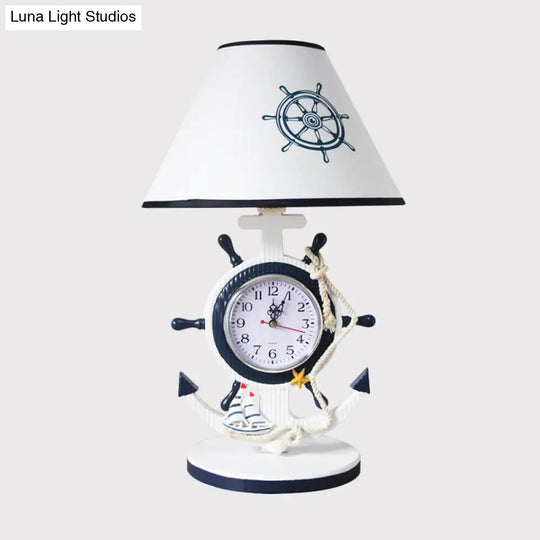 Children Style Clock Design Night Stand Lamp - Blue Shaded Single Bulb Resin Table Light With Rudder