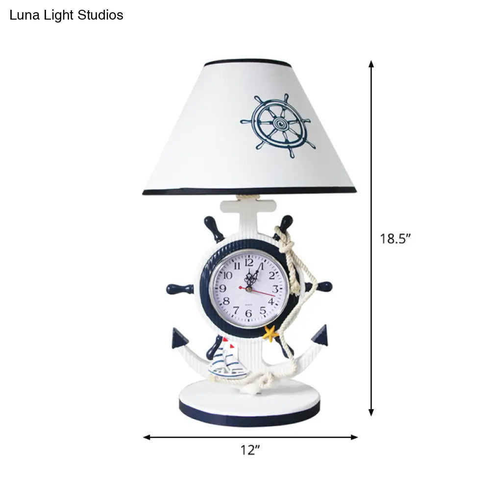 Children Style Clock Design Night Stand Lamp - Blue Shaded Single Bulb Resin Table Light With Rudder