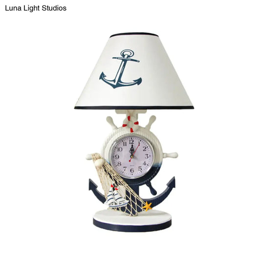 Children Style Clock Design Night Stand Lamp - Blue Shaded Single Bulb Resin Table Light With Rudder