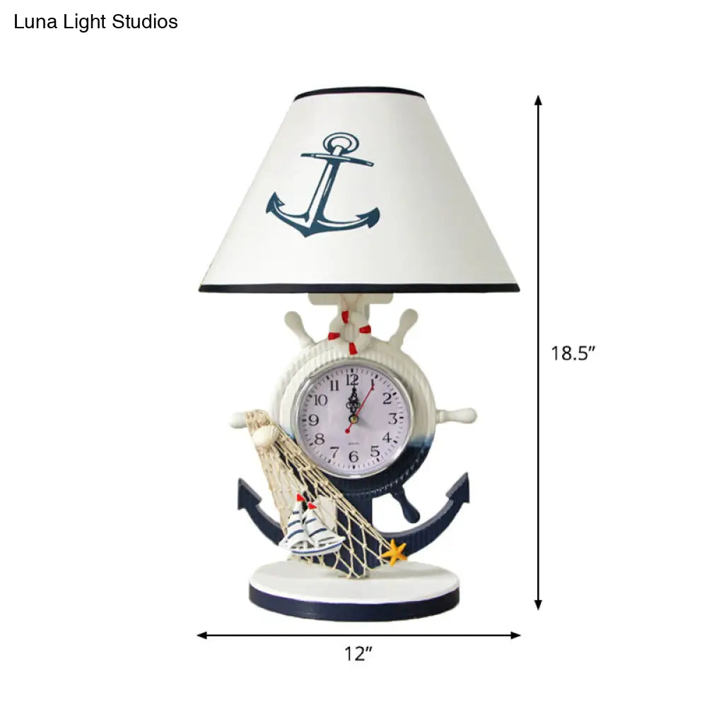 Children Style Clock Design Night Stand Lamp - Blue Shaded Single Bulb Resin Table Light With Rudder