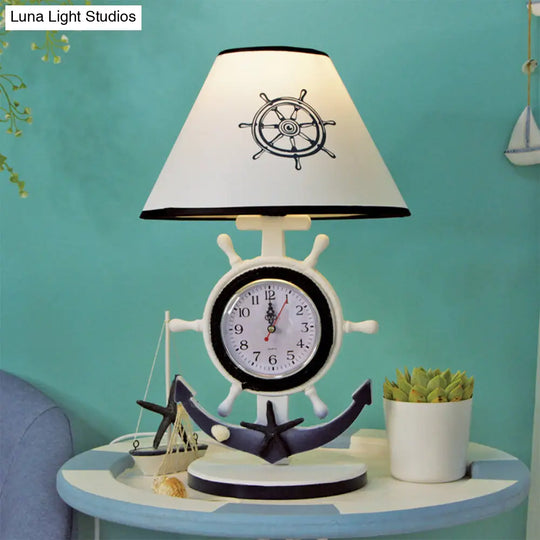 Children Style Clock Design Night Stand Lamp - Blue Shaded Single Bulb Resin Table Light With Rudder