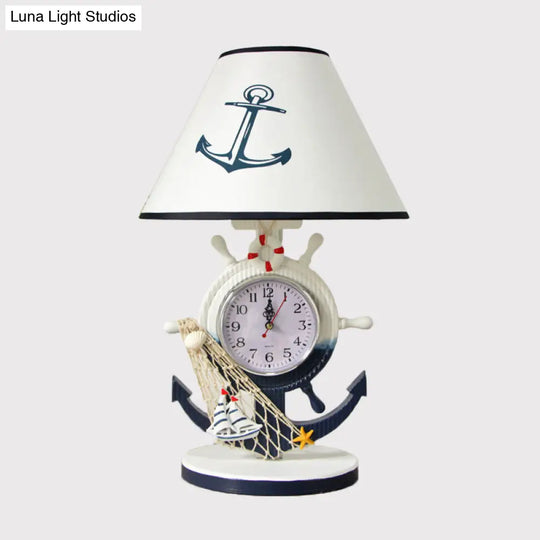 Children Style Clock Design Night Stand Lamp - Blue Shaded Single Bulb Resin Table Light With Rudder