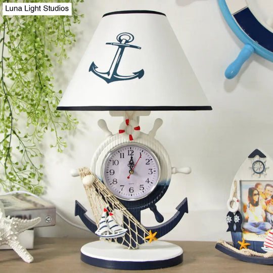 Children Style Clock Design Night Stand Lamp - Blue Shaded Single Bulb Resin Table Light With Rudder