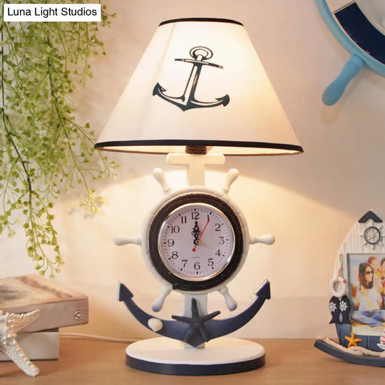 Children Style Clock Design Night Stand Lamp - Blue Shaded Single Bulb Resin Table Light With Rudder