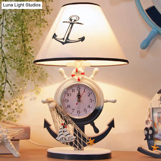 Children Style Clock Design Night Stand Lamp - Blue Shaded Single Bulb Resin Table Light With Rudder