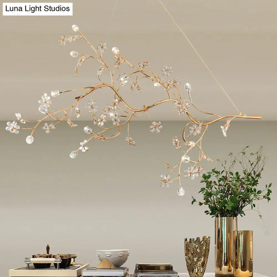 Gold Metallic Pendant Light: Romantic Plum Tree Chandelier With Crystal Flower (12 Lights) For Cafe